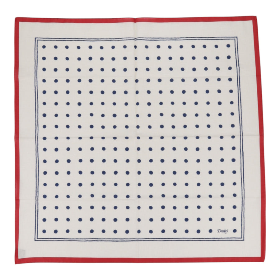 DRAKE'S, Bandana carré White and Navy Polka Dot